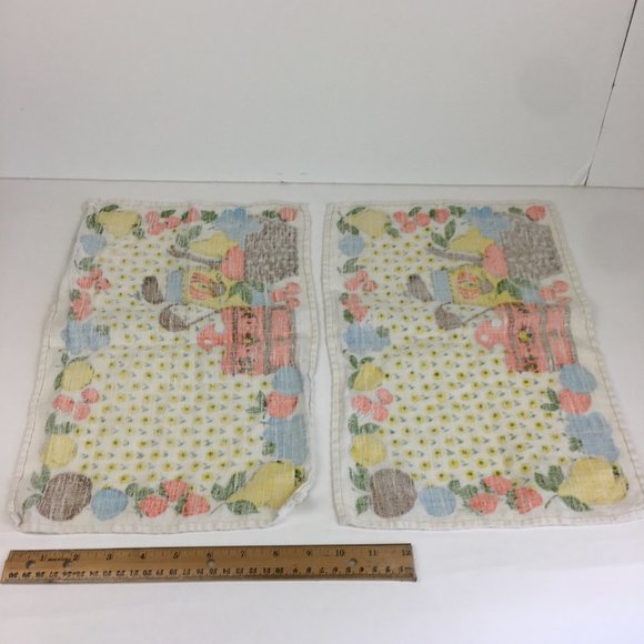 2 Vtg Retro Linen Cloth Fabric Rectangle Placemat Coffee Tea Fruit Flowers Theme - Picture 9 of 11
